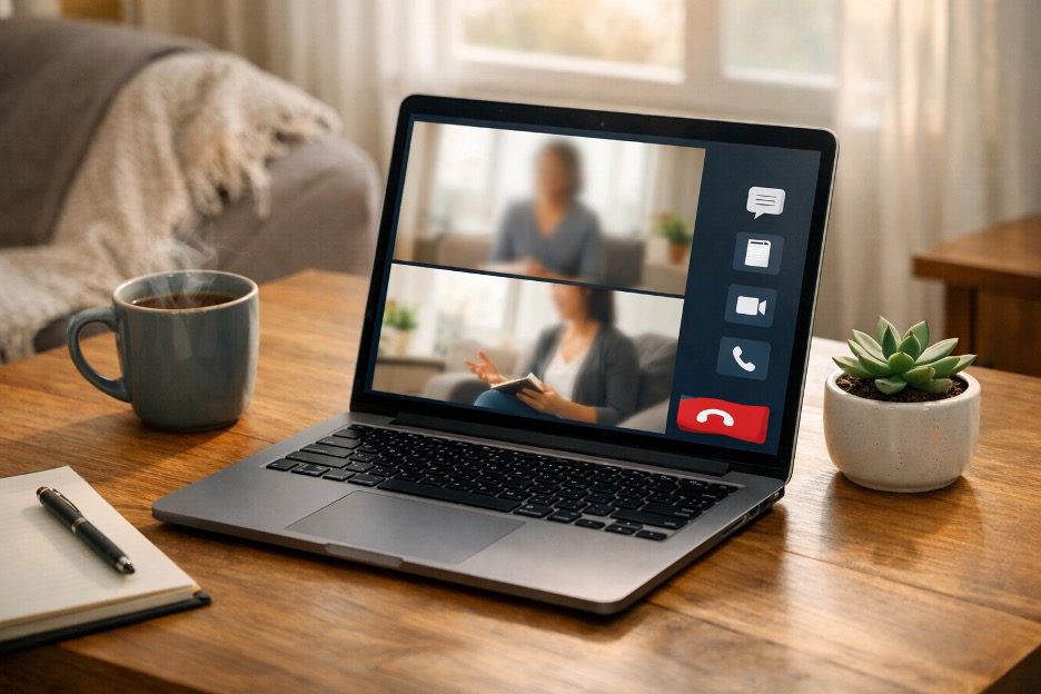 Telehealth therapy session on laptop.
