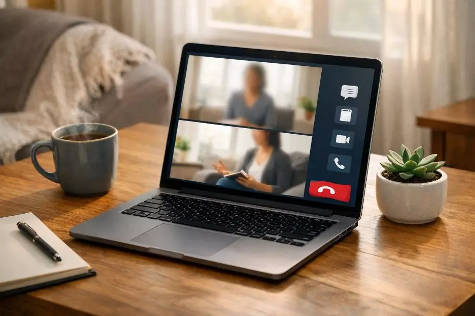 Telehealth therapy session on laptop.