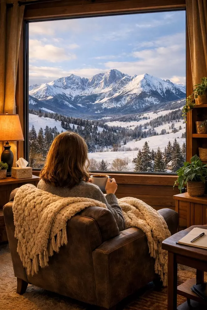 Woman at peace following her therapy appointment from home looking out her window.