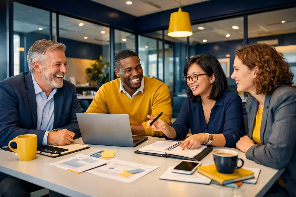 Diverse professionals collaborating in a psychologically healthy environment