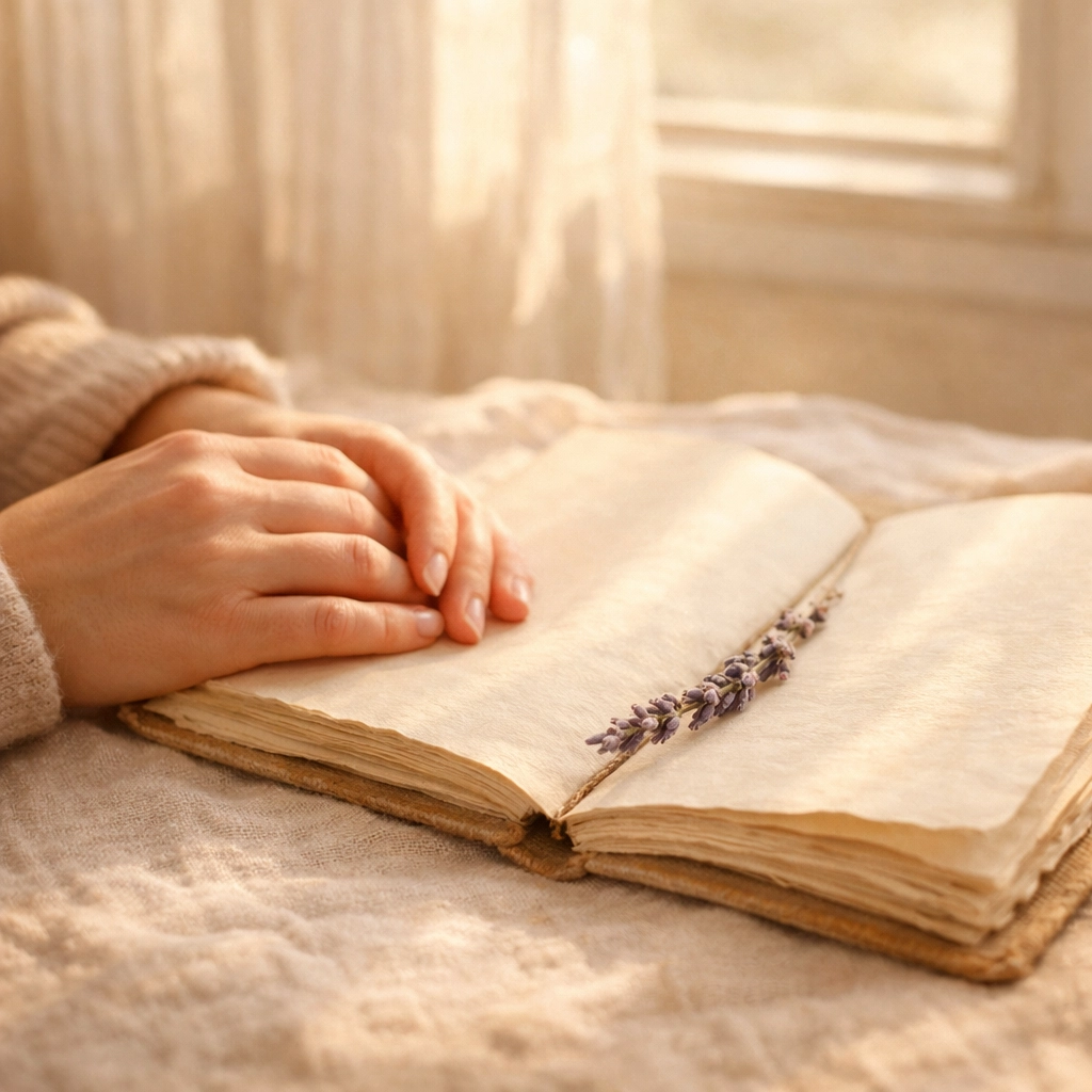 Journal on a sunlit table representing reflection and stress awareness