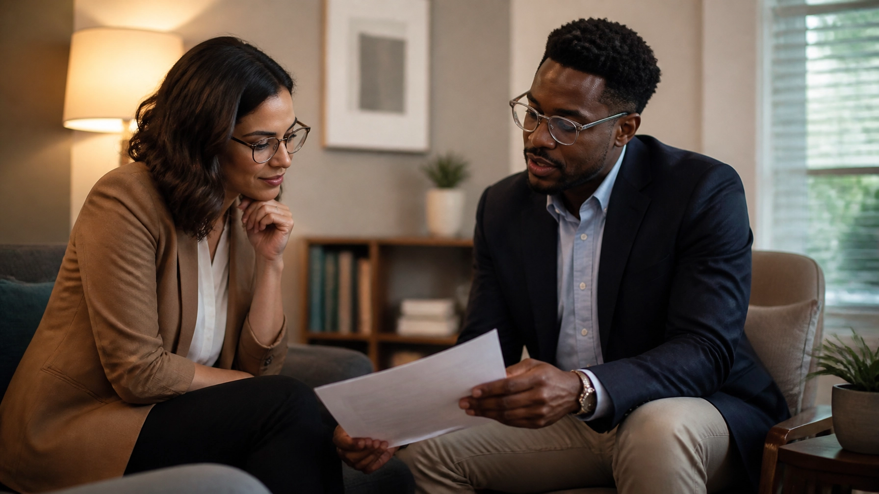 Doctoral-level psychologist and adult client reviewing psychological assessment results and discussing next steps