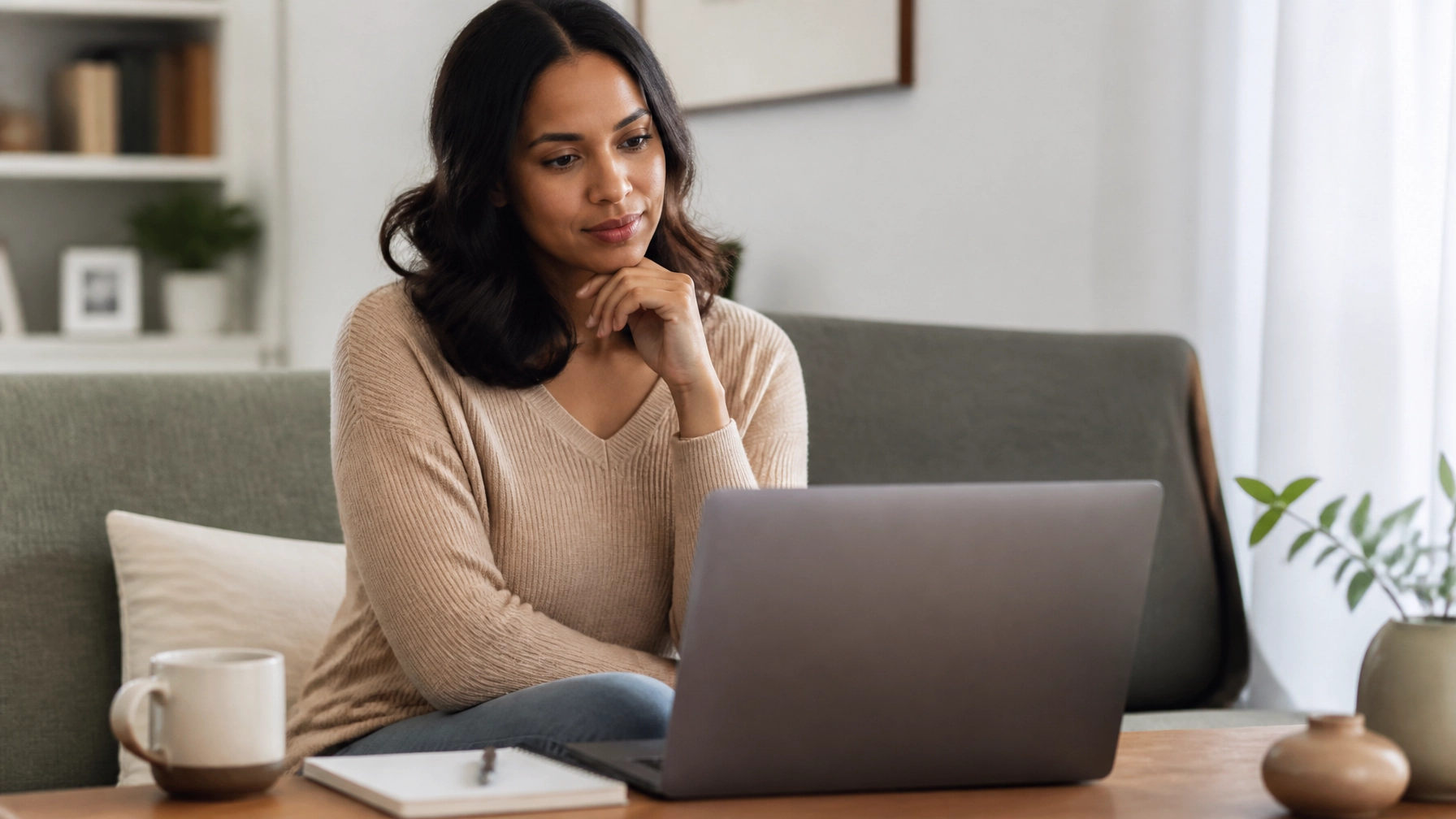 Adult Virginia professional participating in a warm private telehealth psychological evaluation at home